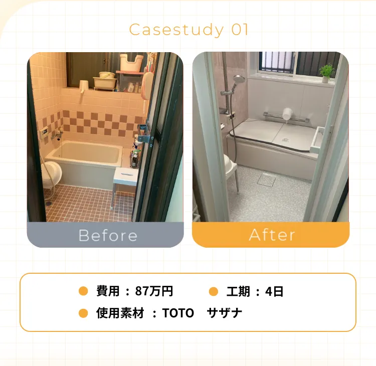 •費用：87万円• 使用素材：TOTO• 工期：4日