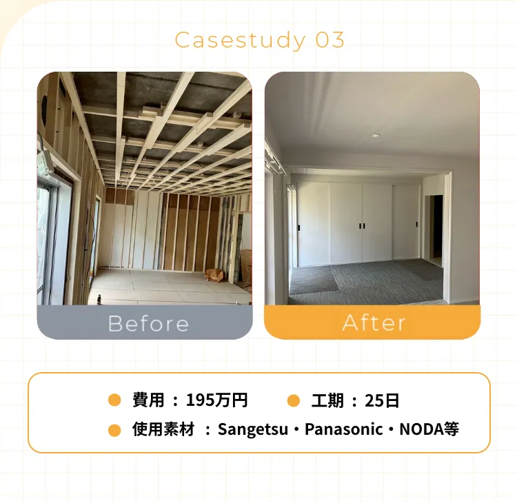 • 費用：195万円• 工期：25日• 使用素材：Sangetsu•Panasonic•NODA等