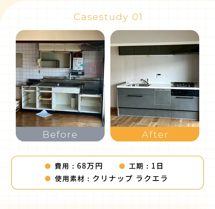 • 費用：68万円• 工期：1日• 使用素材：クリナップ ラクエラ