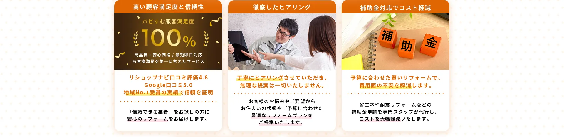 高い顧客満足度と信頼性ハピすむ顧客満足度100%高品質・安心価格／最短即日対応お客様満足を第一に考えたサービスリショップナビロコミ評価4.8Googleロコミ5.0地域No.1受賞の実績で信頼を証明「信頼できる業者」をお探しの方に安心のリフォームをお届けします。徹底したヒアリング丁寧にヒアリングさせていただき、無理な提案は一切いたしません。お客様のお悩みやご要望からお住まいの状態やご予算に合わせた最適なリフォームプランをご提案いたします。補助金対応でコスト軽減予算に合わせた賢いリフォームで、費用面の不安を解消します。省エネや耐震リフォームなどの補助金申請を専門スタッフが代行し、コストを大幅軽減いたします。