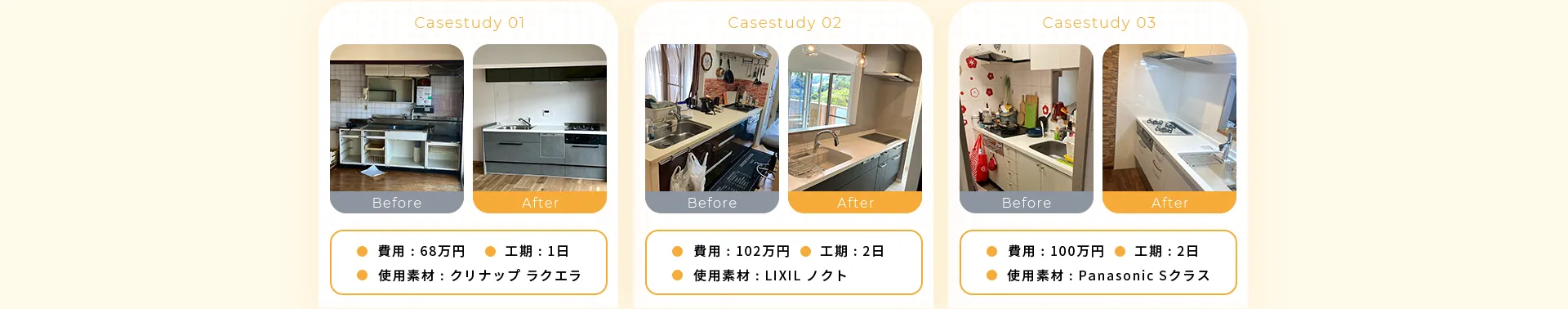 • 費用：68万円• 工期：1日• 使用素材：クリナップ ラクエラ• 費用：102万円 •工期：2日 •使用素材：LIXIL•費用：100万円 •工期：2日•使用素材：Panasonic