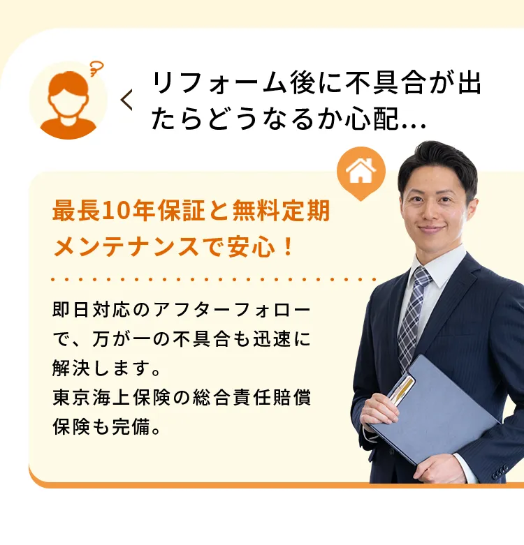 リフォーム後に不具合が出たらどうなるか心配...最長10年保証と無料定期メンテナンスで安心！即日対応のアフターフォローで、万が一の不具合も迅速に解決します。東京海上保険の総合責任賠償保険も完備。
