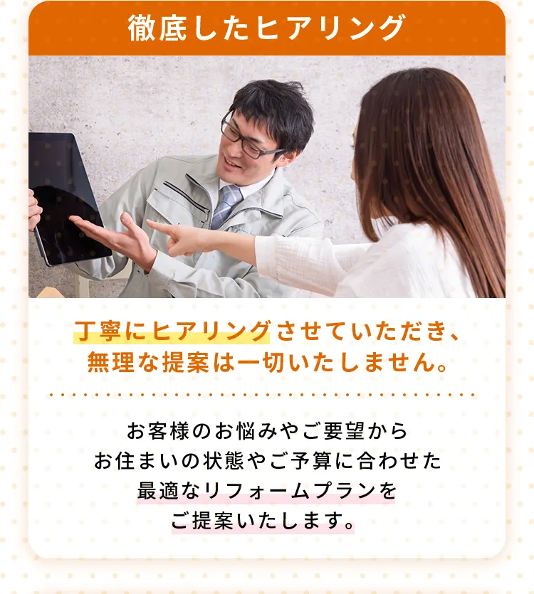 徹底したヒアリング丁寧にヒアリングさせていただき、無理な提案は一切いたしません。お客様のお悩みやご要望からお住まいの状態やご予算に合わせた最適なリフォームプランをご提案いたします。