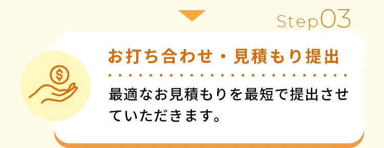 お打ち合わせ・見積もり提出最適なお見積もりを最短で提出させていただきます。