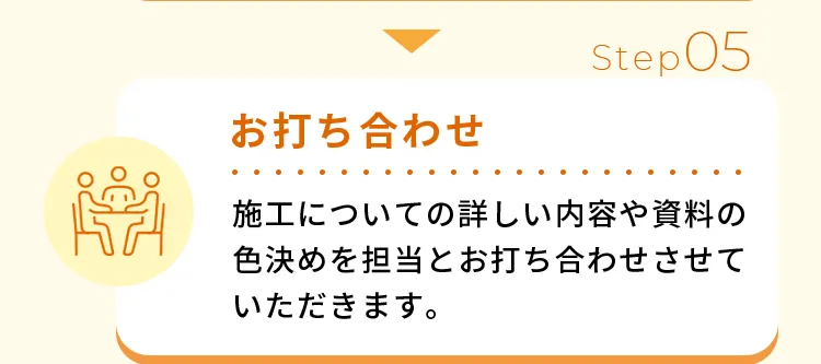 お打ち合わせ施工についての詳しい内容や資料の色決めを担当とお打ち合わせさせていただきます。