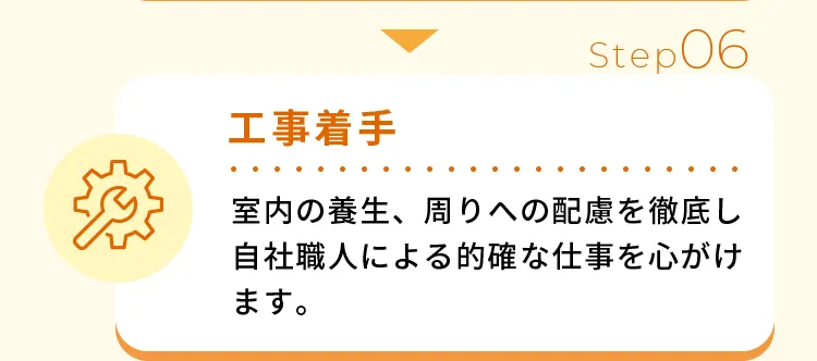工事着手室内の養生、周りへの配慮を徹底し自社職人による的確な仕事を心がけます。