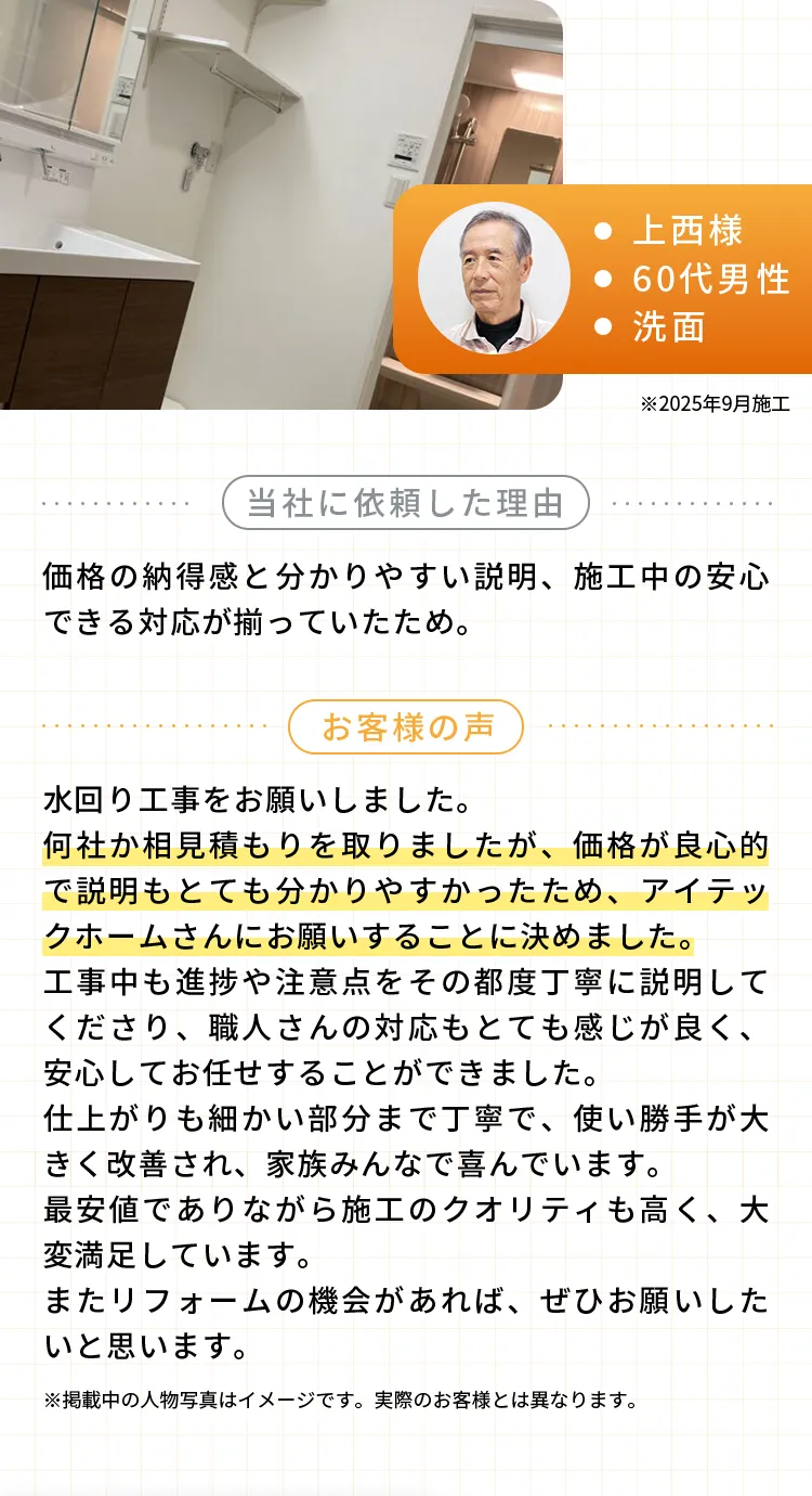 ・上西様・60代男性・洗面※2025年9月施工当社に依頼した理由価格の納得感と分かりやすい説明、施工中の安心できる対応が揃っていたため。お客様の声水回り工事をお願いしました。何社か相見積もりを取りましたが、価格が良心的で説明もとても分かりやすかったため、アイテックホームさんにお願いすることに決めました。工事中も進捗や注意点をその都度丁寧に説明してくださり、職人さんの対応もとても感じが良く、安心してお任せすることができました。仕上がりも細かい部分まで丁寧で、使い勝手が大きく改善され、家族みんなで喜んでいます。最安値でありながら施工のクオリティも高く、大変満足しています。またリフォームの機会があれば、ぜひお願いしたいと思います。