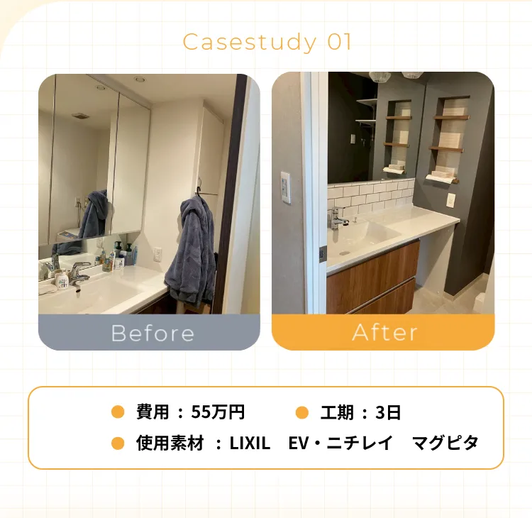 • 費用：55万円• 工期：3日• 使用素材 ： LIXIL EV・ニチレイマグピタ